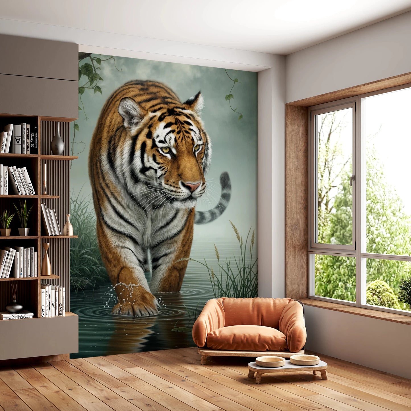 Reading room featuring Tiger's Trail Wall Mural with shelves and lounge seating, GD8882