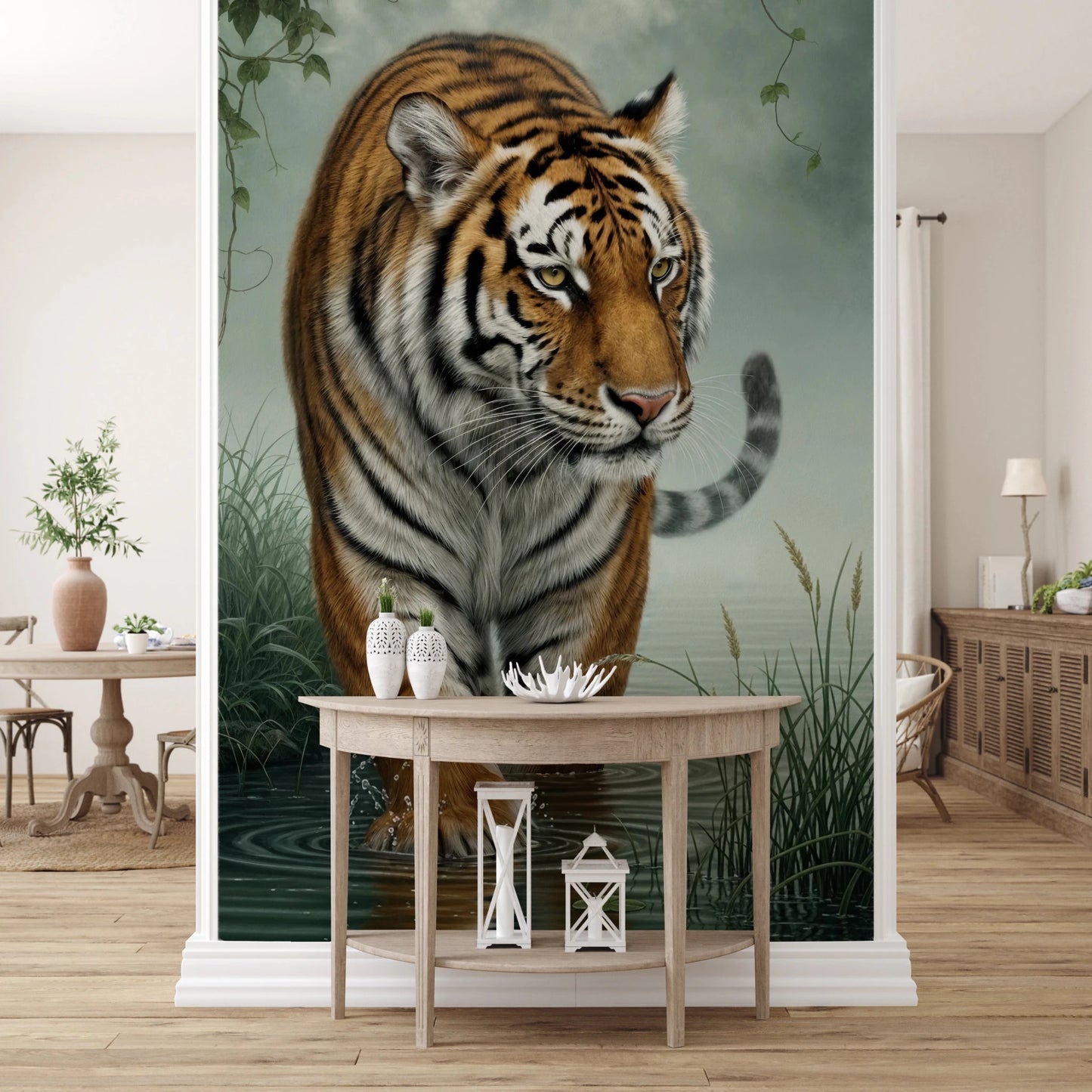 Close view of Tiger's Trail Wall Mural with a tiger walking through water, GD8882