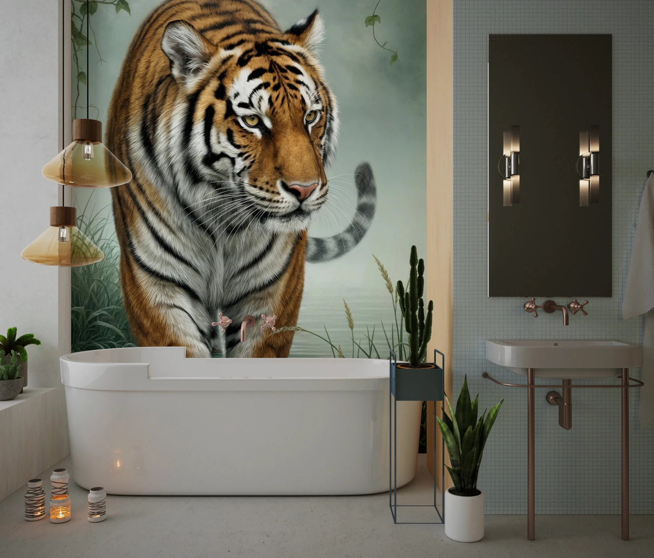 Bathroom styled with Tiger's Trail Wall Mural beside a freestanding bathtub