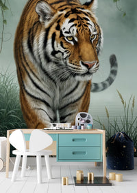 Study space with Tiger's Trail Wall Mural and a desk in soft teal tones, GD8882