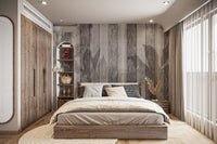 Aged timber wallpaper with botanical touch
