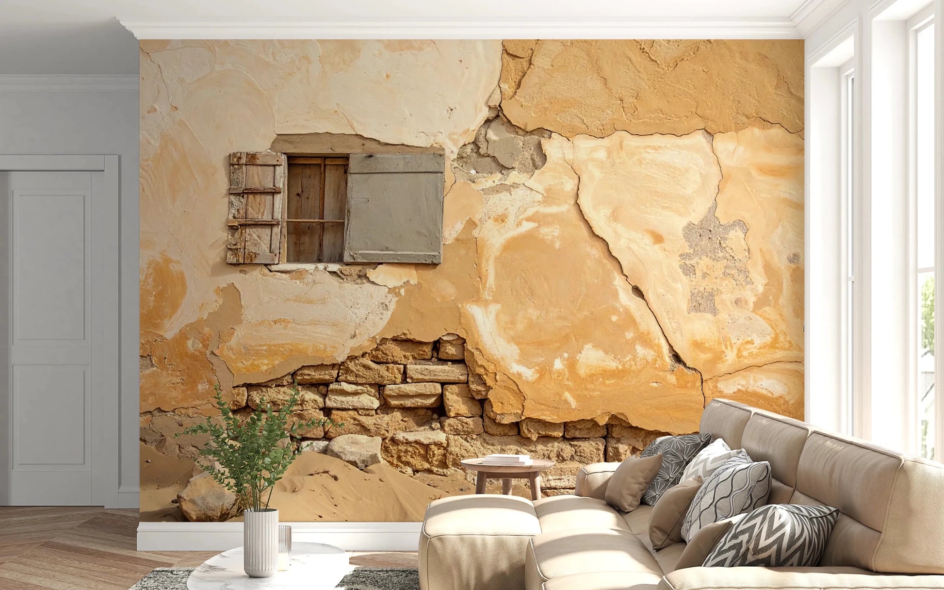 Natural worn surface in Time-Worn Texture Wall Mural with layered plaster look