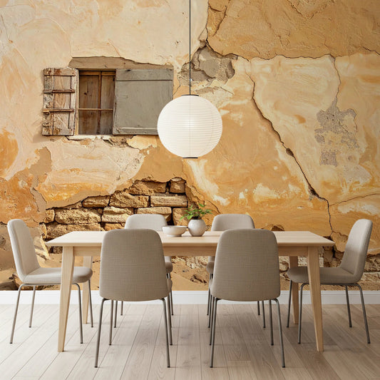 Dining room with Time-Worn Texture Wall Mural in cracked plaster and stone detail