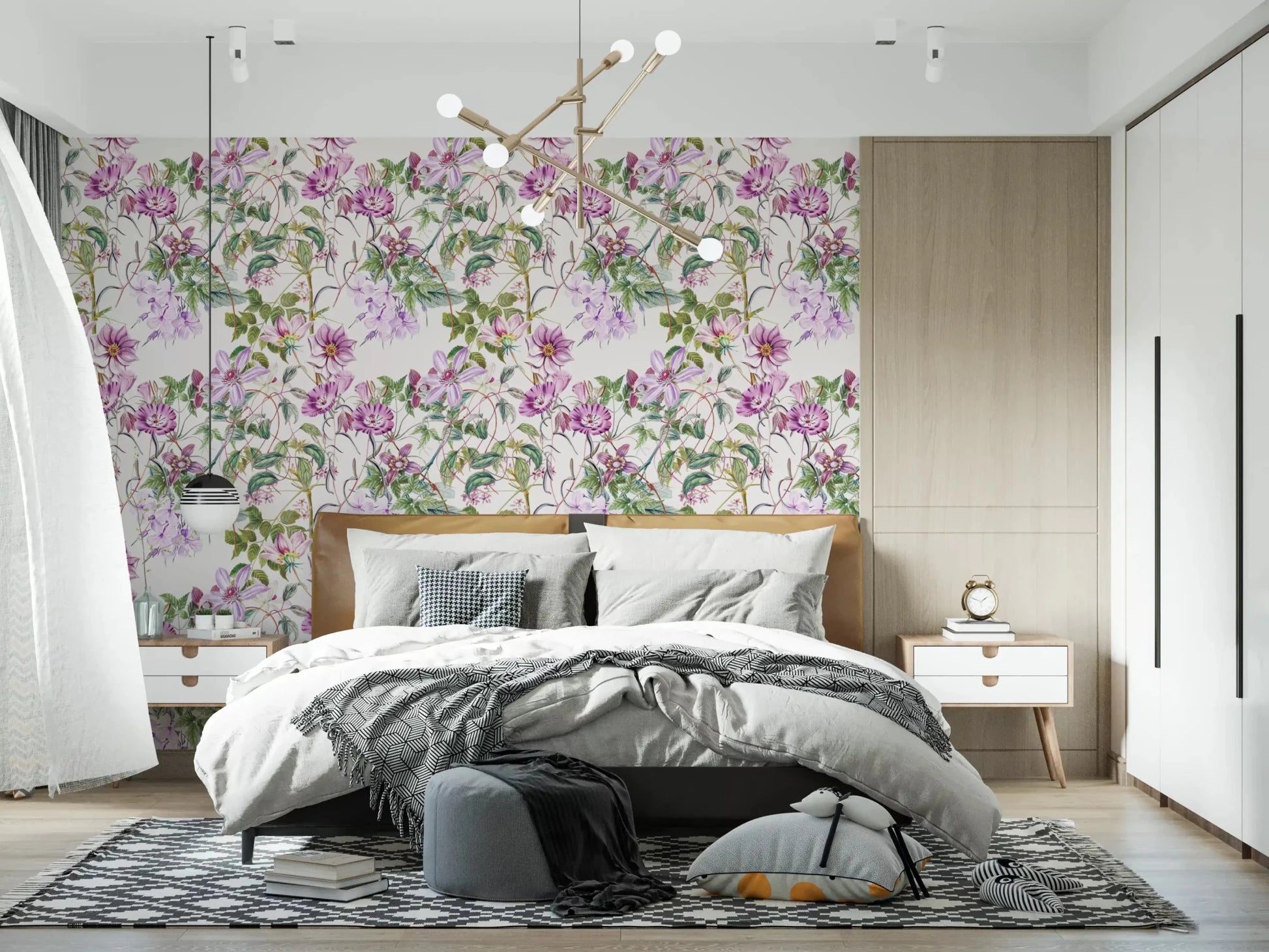 Bedroom wall with Waterfall wallpaper in pastel floral and green leaf detail