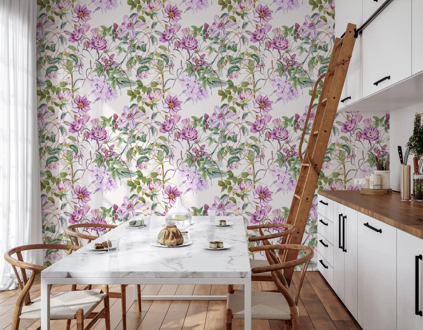 Blooming Waterfall wallpaper showing soft purple blooms on a light base