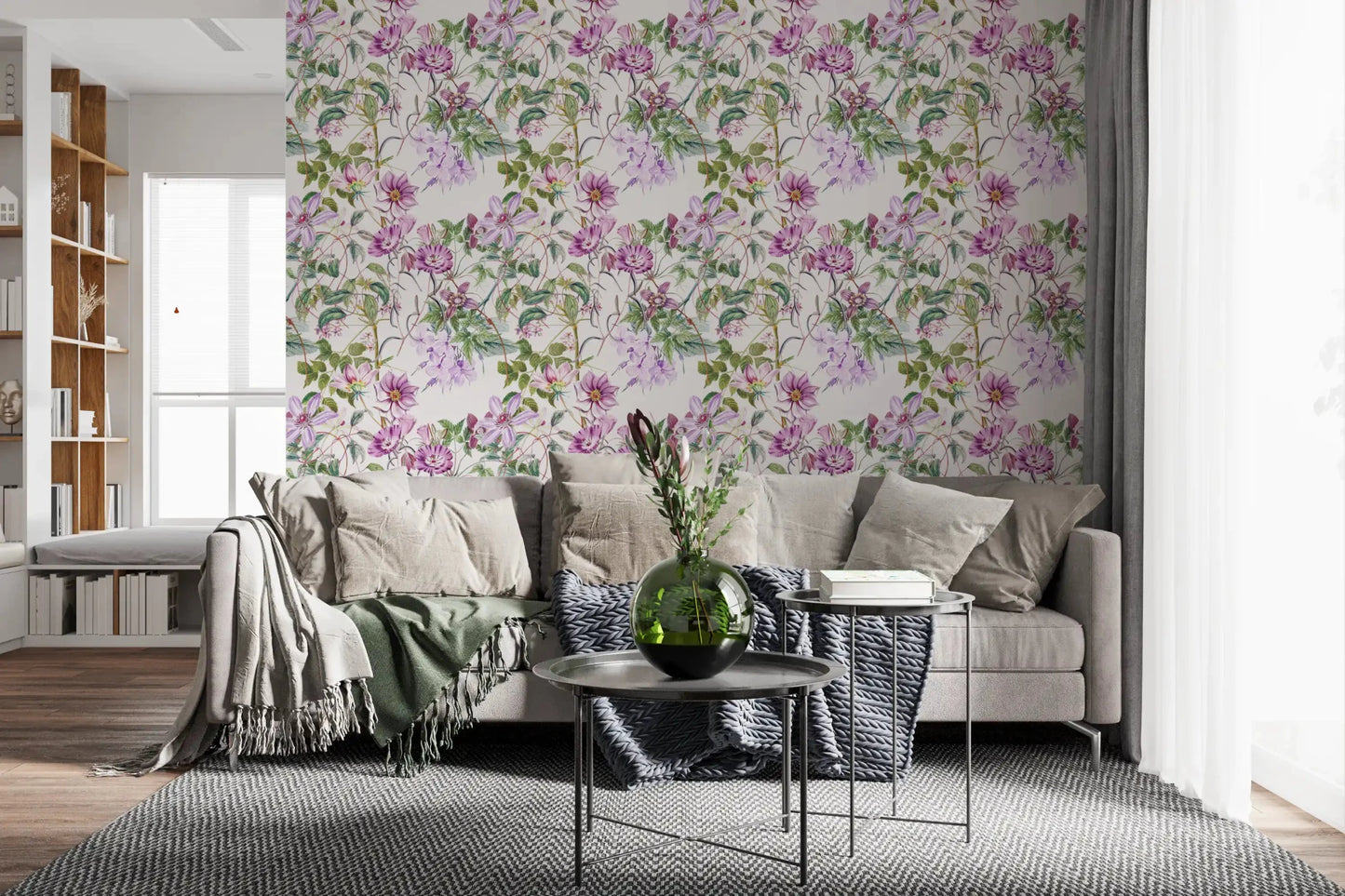 Timeless Blooming wallpaper with lilac flowers and flowing vine stems