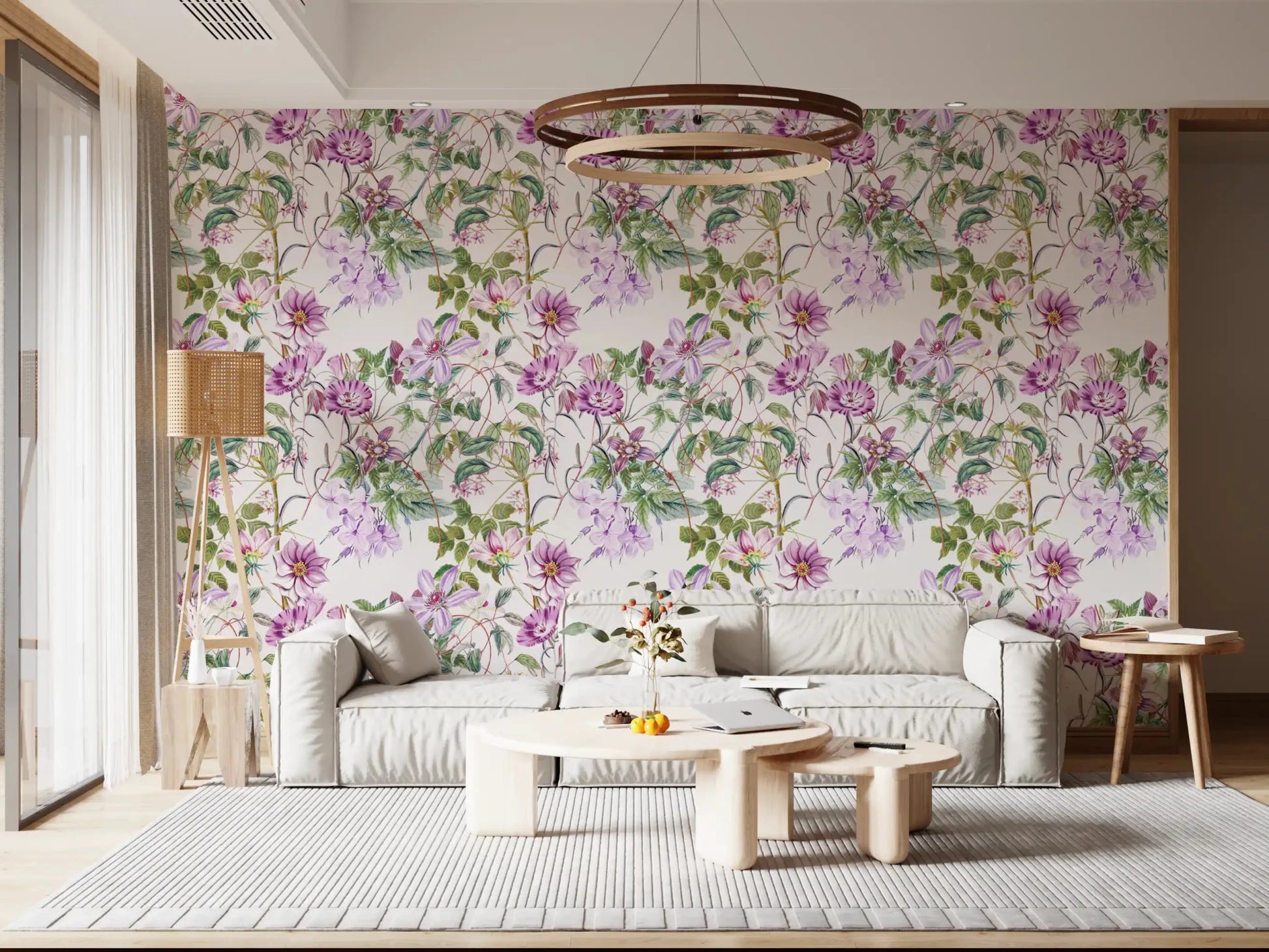 Living room with Timeless Blooming wallpaper in soft lilac floral vines