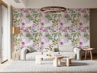 Living room with Timeless Blooming wallpaper in soft lilac floral vines