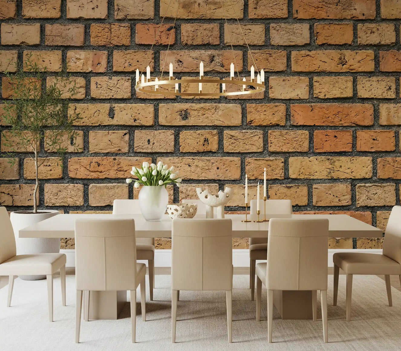 Dining room styled with Timeless Brick Wall Mural and visible mortar lines