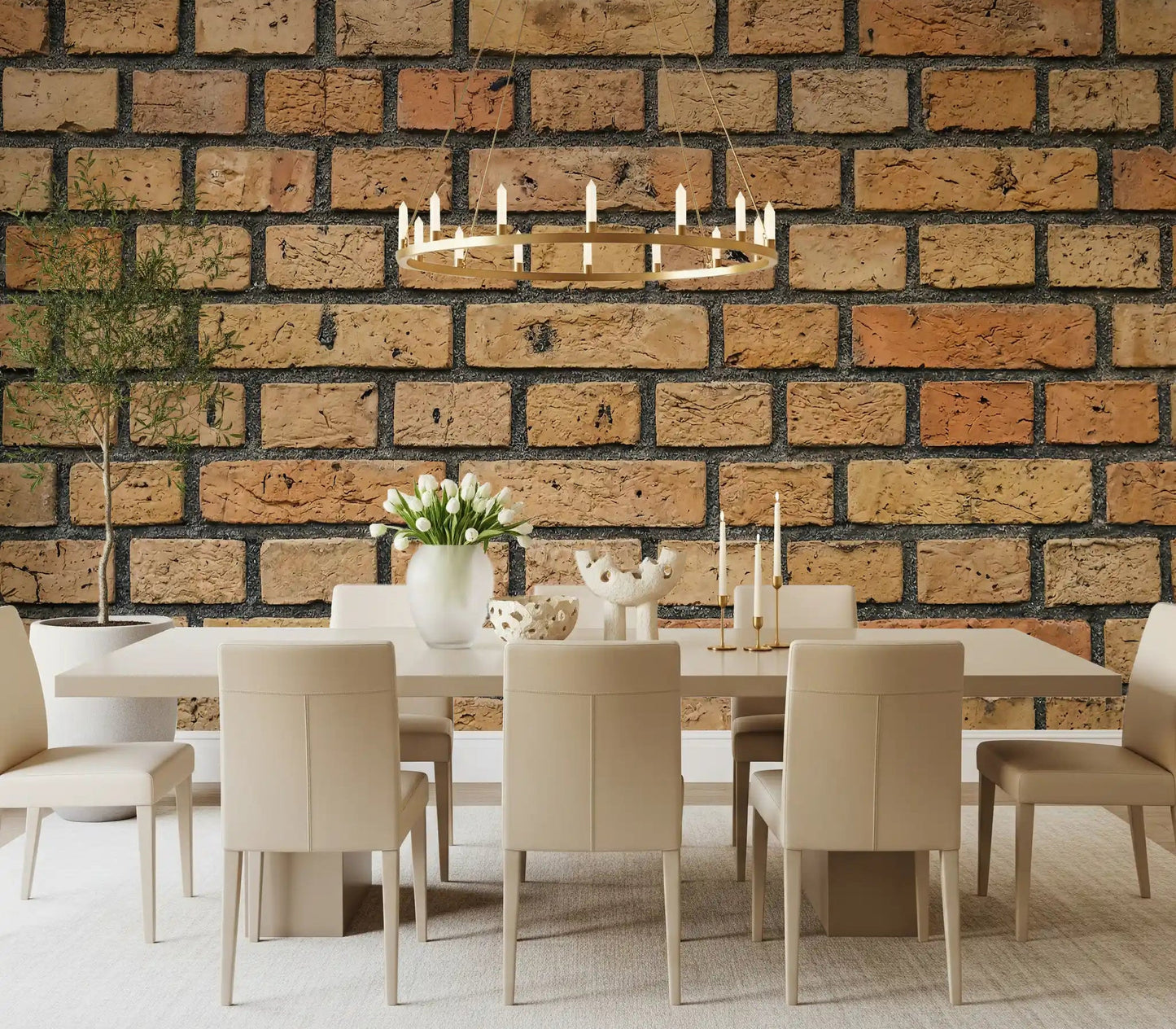 Dining room styled with Timeless Brick Wall Mural and visible mortar lines, GD9432