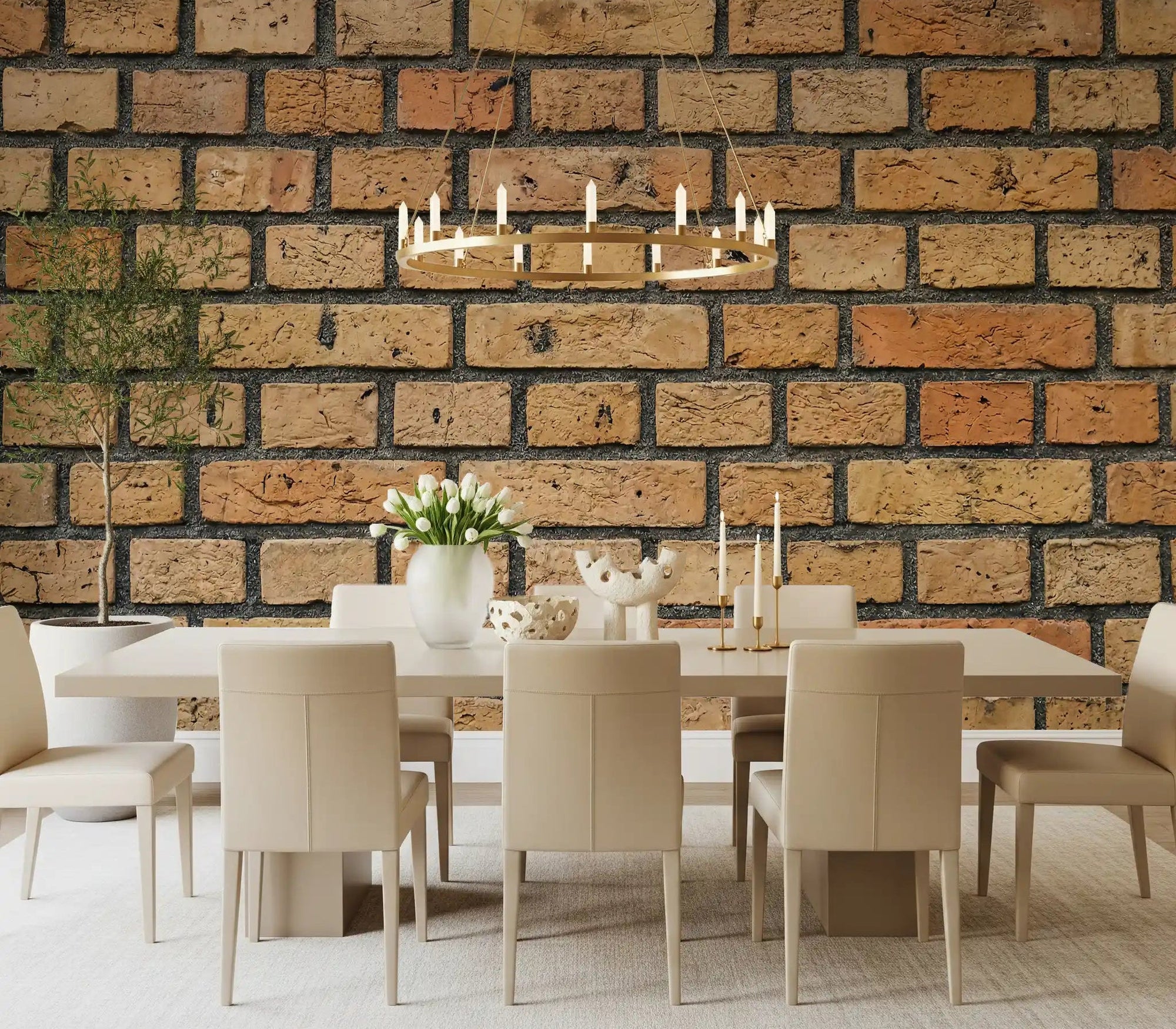 Dining room styled with Timeless Brick Wall Mural and visible mortar lines, GD9432