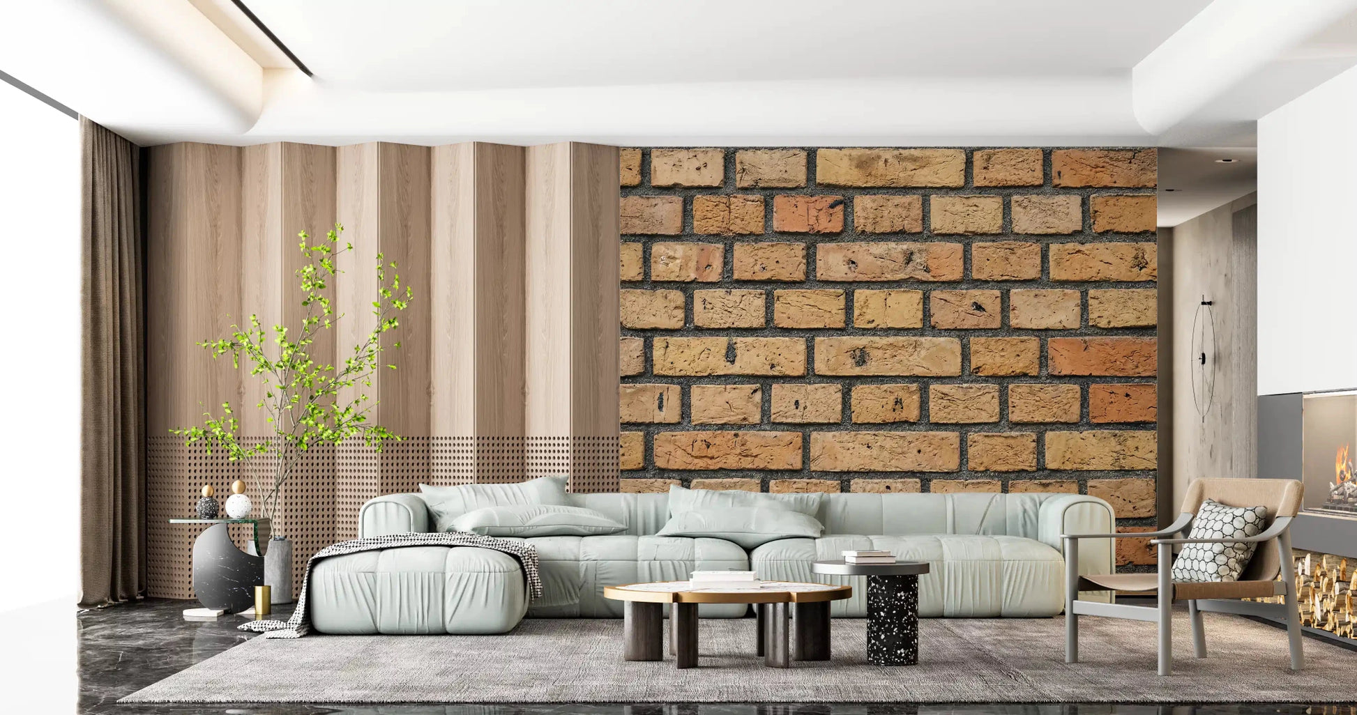 Living room with Timeless Brick Wall Mural in warm rustic brick detail, GD9432