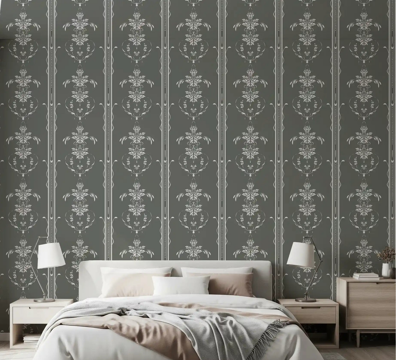 Bedroom lined with timeless cottagecore wallpaper in gentle gray tones⁠GD9510