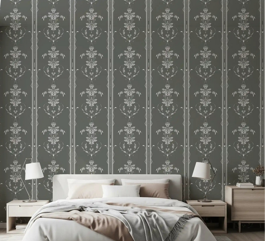 Bedroom lined with timeless cottagecore wallpaper in gentle gray tones⁠GD9510