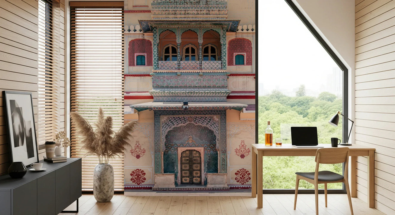 Timeless Facade Wall Mural in a grand living room with high ceilings