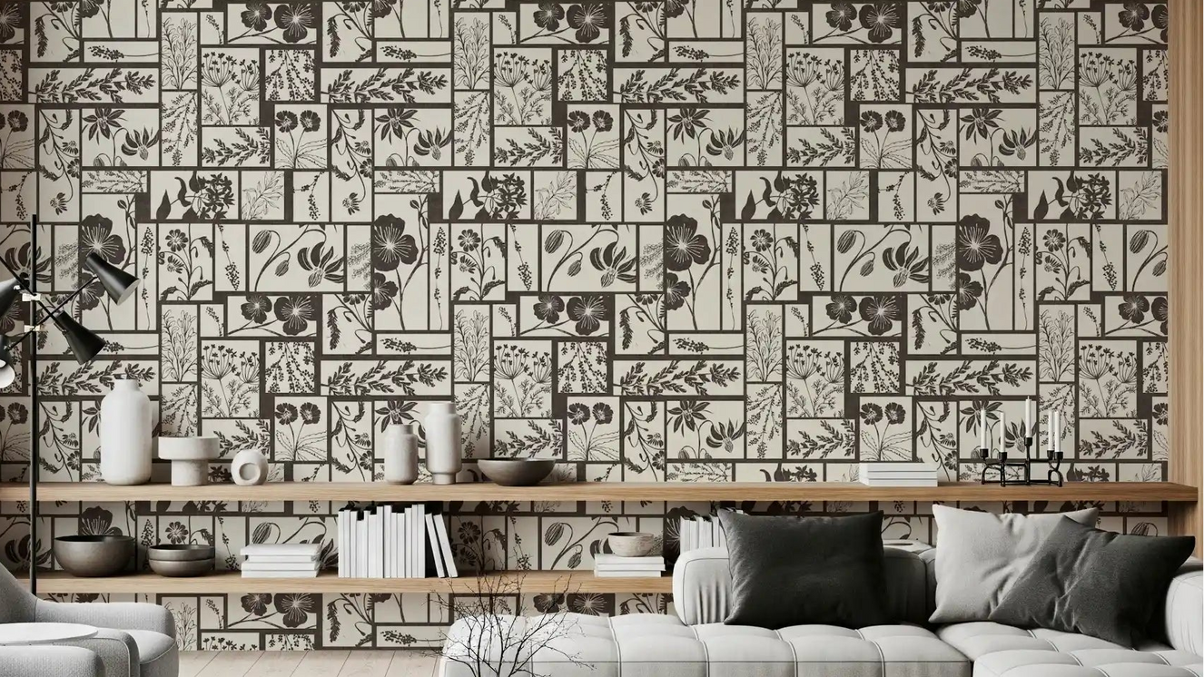 Living room finished with Timeless Flora Tile Wallpaper and floral blocks