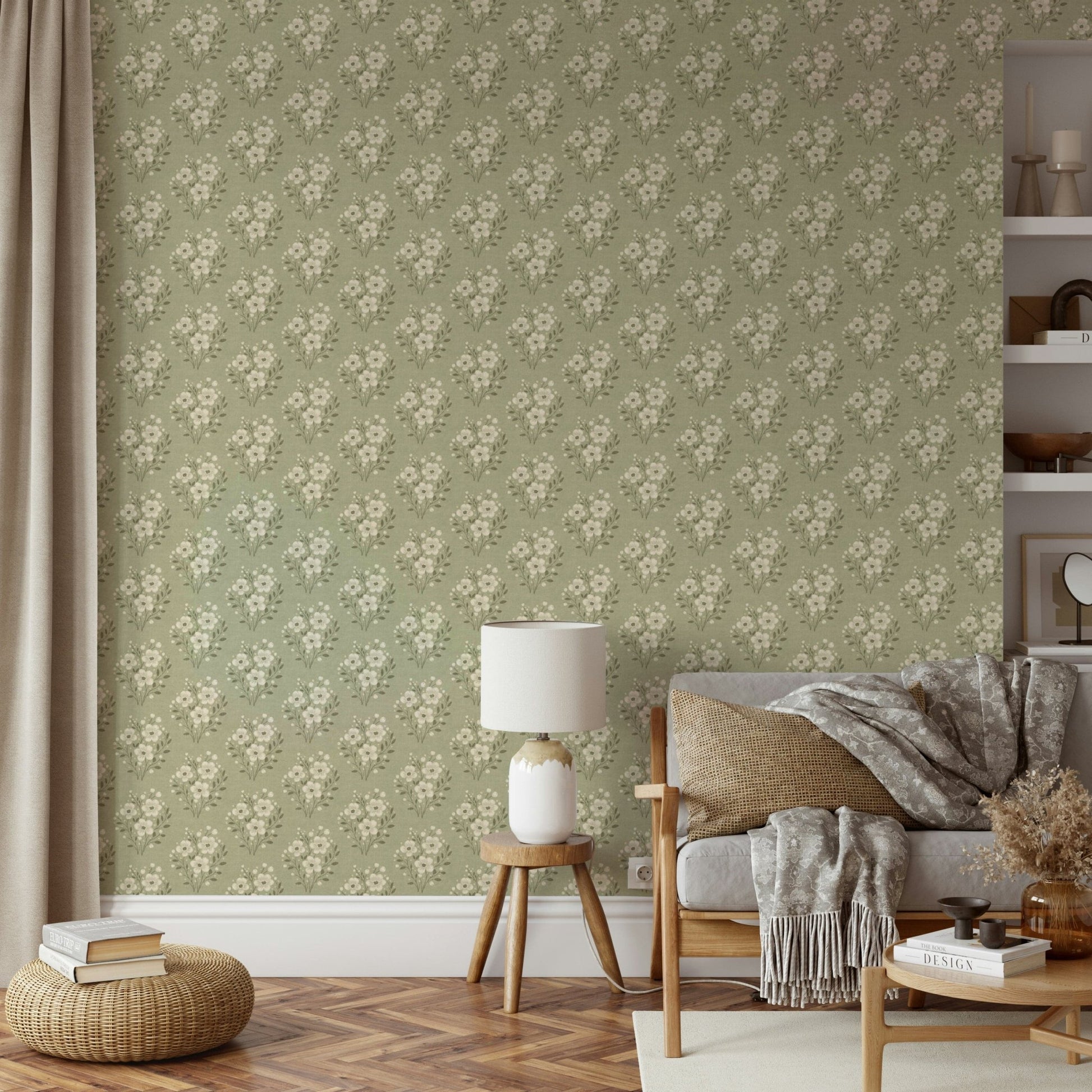 Timeless floral design in sage green wallpaper

