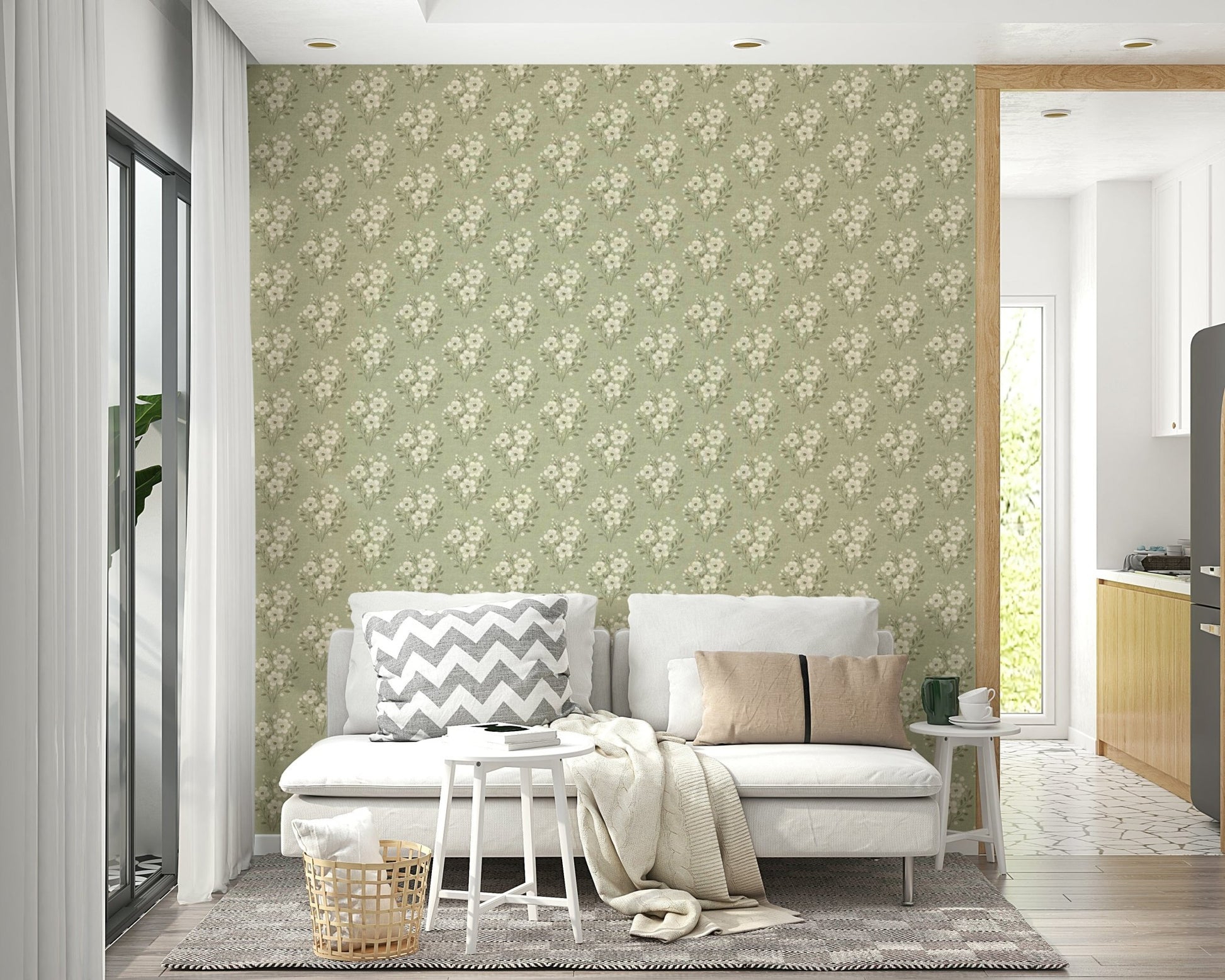Elegant sage green floral bouquet wallpaper design

