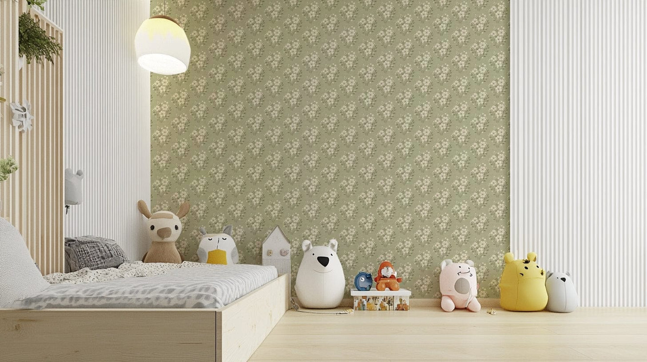 Sage green wallpaper with timeless floral bouquets

