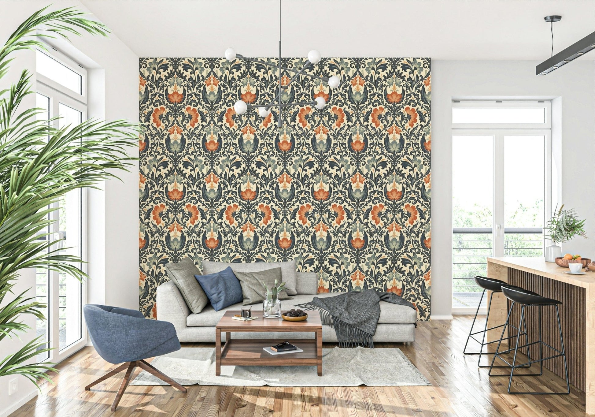 Beautiful wall mural capturing a rich terracotta and slate botanical design.