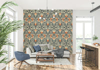 Beautiful wall mural capturing a rich terracotta and slate botanical design.