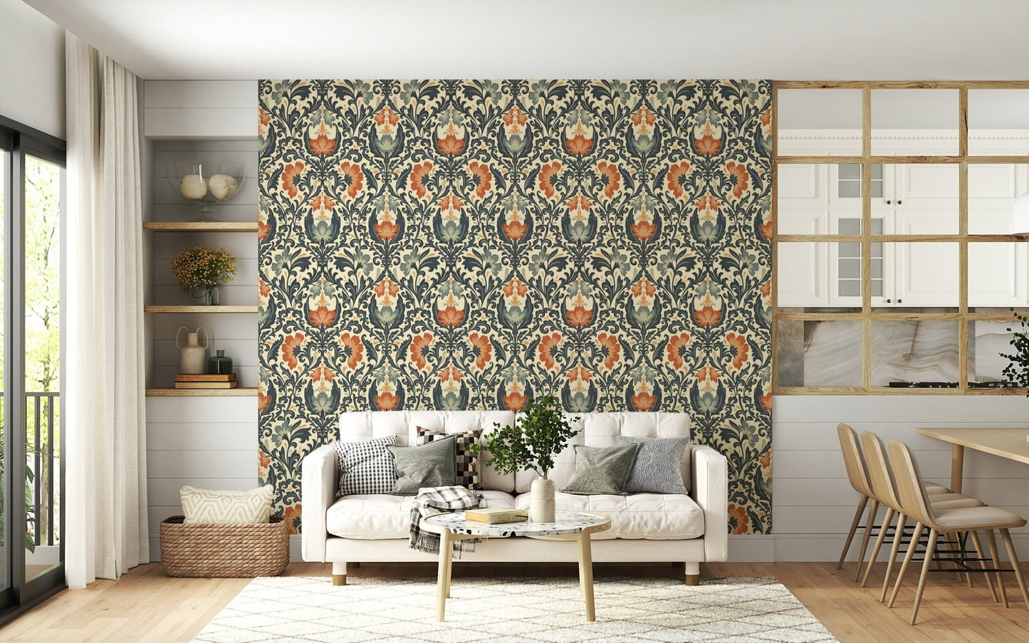 Luxurious wall mural featuring classic blue and orange vines motif.