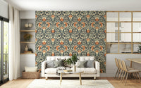 Luxurious wall mural featuring classic blue and orange vines motif.