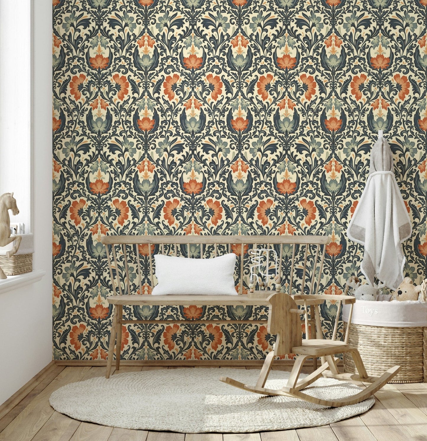 Wallpaper for spaces showcasing intricate baroque inspired foliage shades.