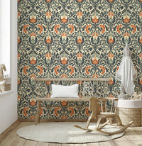 Wallpaper for spaces showcasing intricate baroque inspired foliage shades.