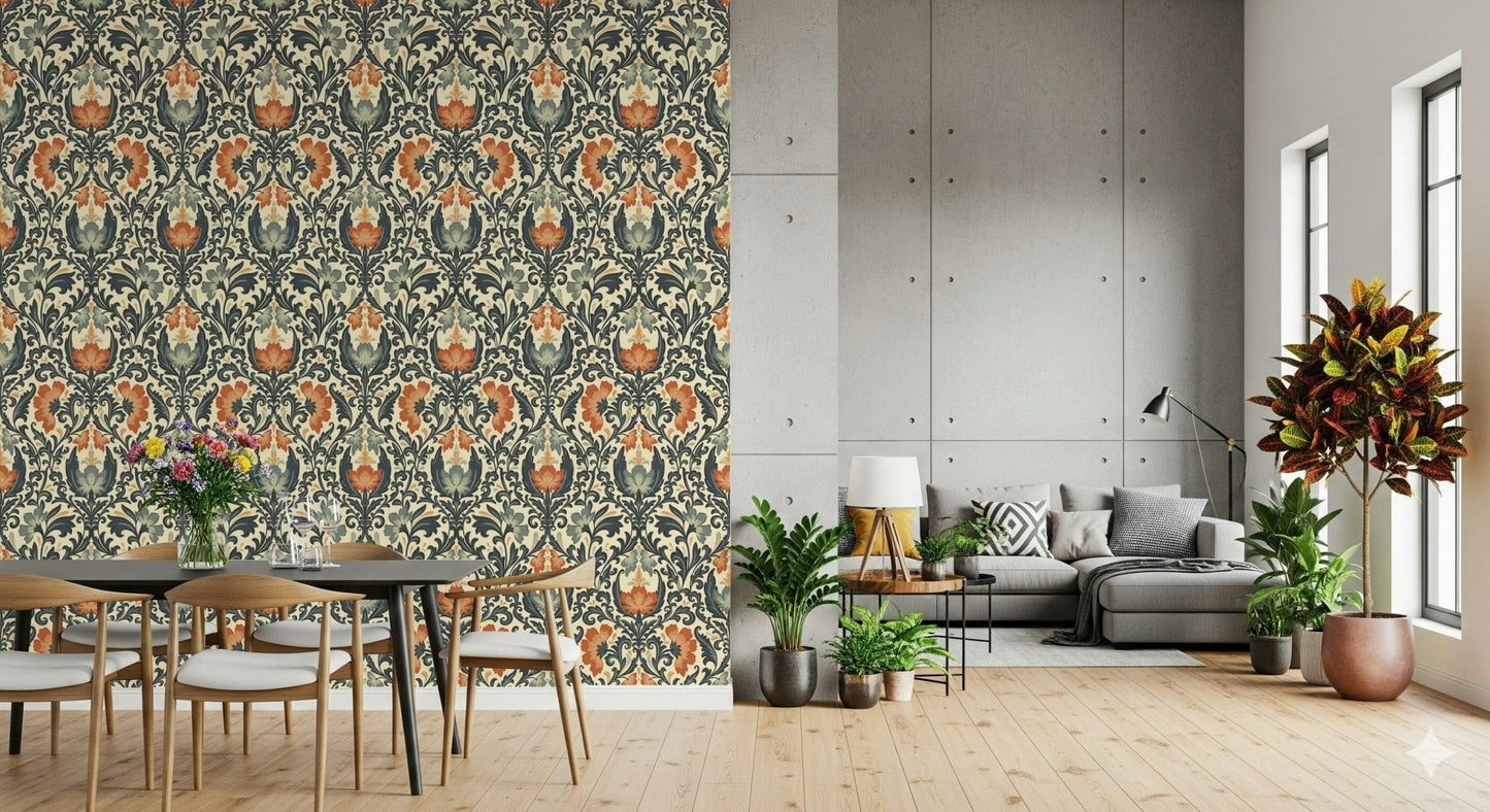 Sophisticated wall mural depicting vintage rococo style repeating pattern.