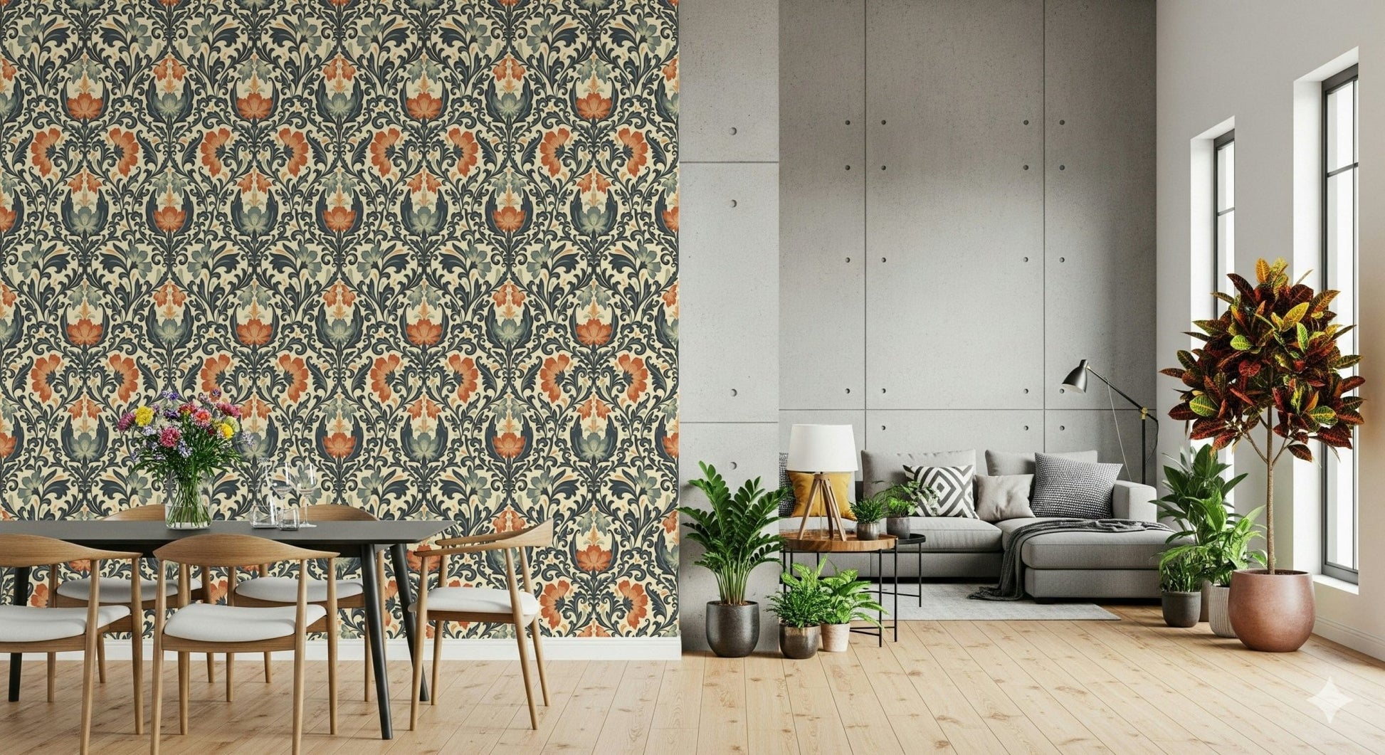 Sophisticated wall mural depicting vintage rococo style repeating pattern.
