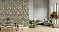 Sophisticated wall mural depicting vintage rococo style repeating pattern.