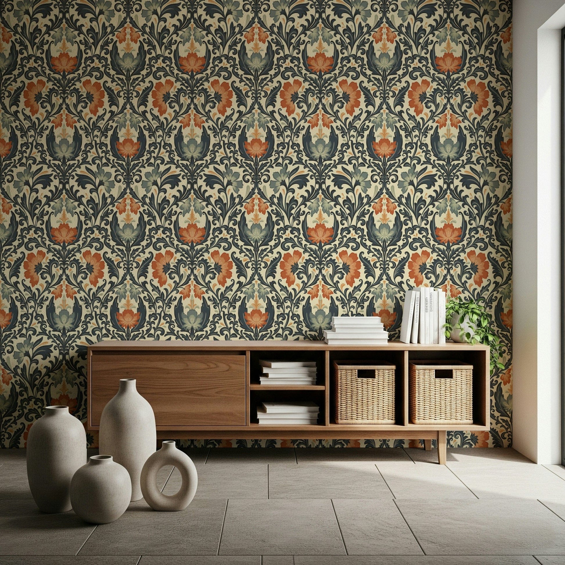 Timeless Floral Opulence wallpaper damask pattern elegant flowers decor.