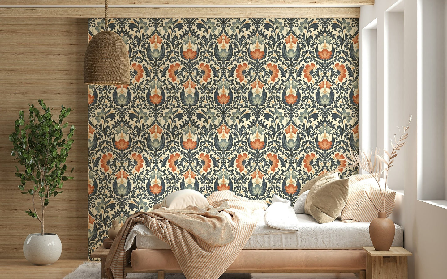 Wallpaper design, traditional floral arrangement using muted creamy tones.