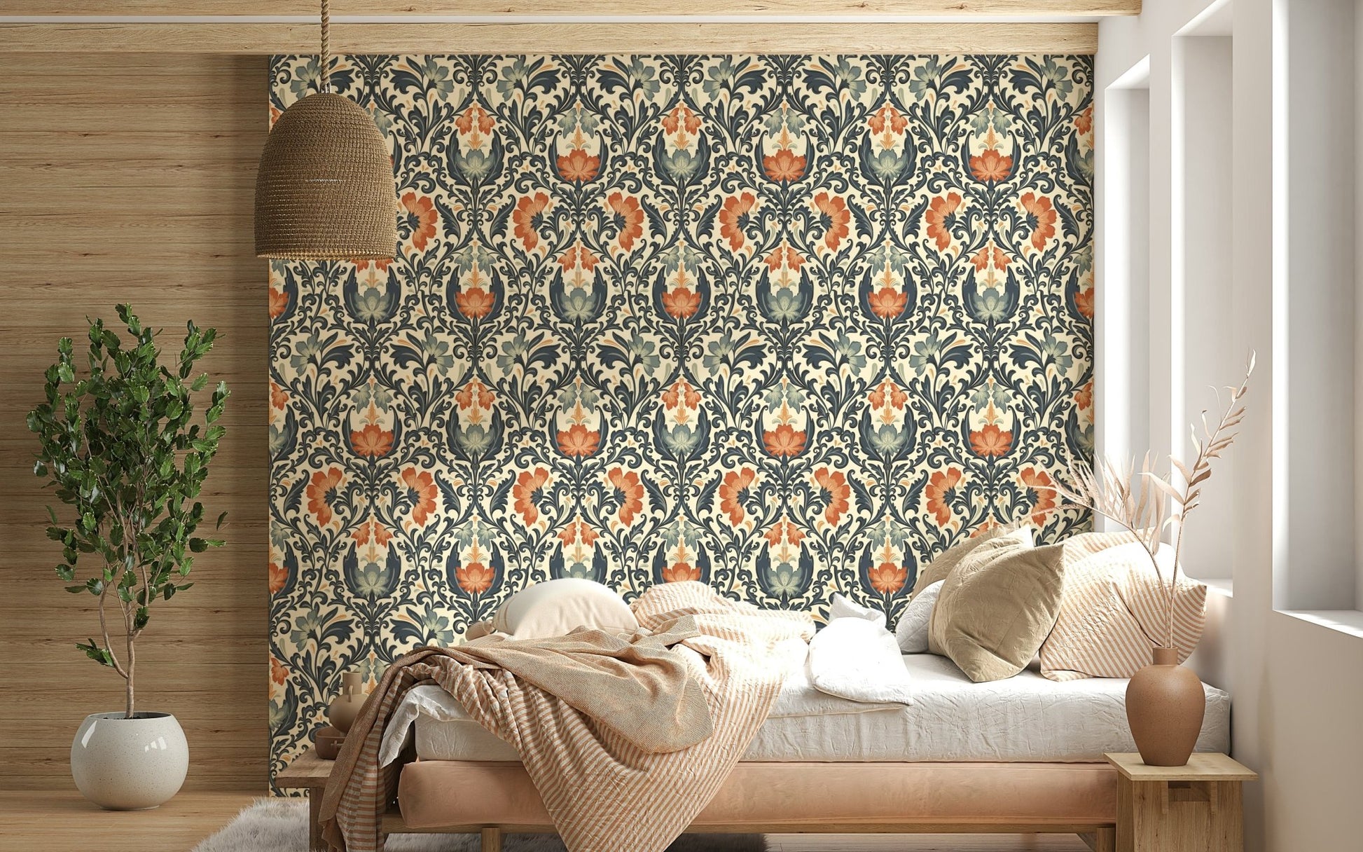 Wallpaper design, traditional floral arrangement using muted creamy tones.