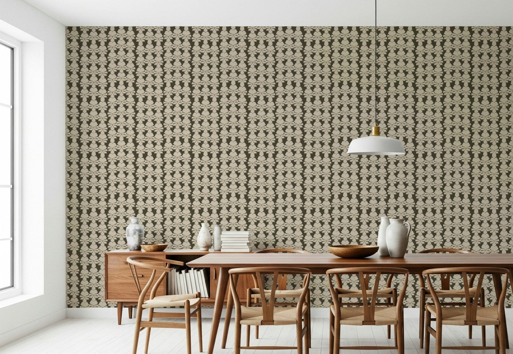 A dense botanical pattern, the beautiful Timeless Florals wall paper.