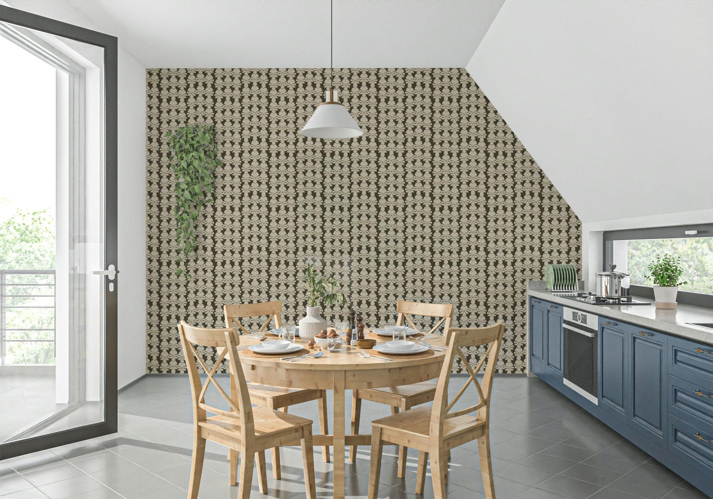 Stylish Timeless Florals wall covering with repeating off-white blossoms.
