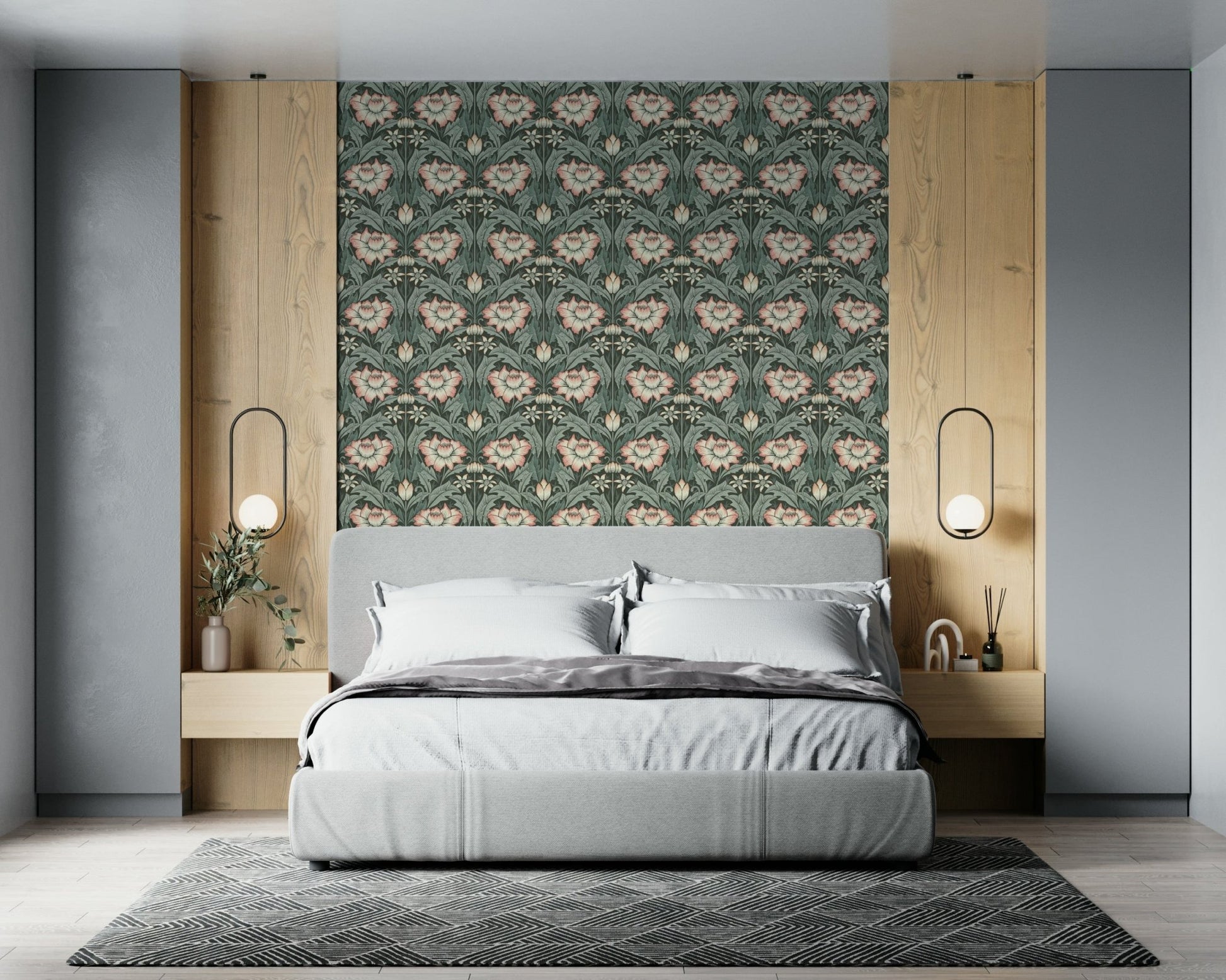 Light accentuating the graceful leaves of the Forest Green Wallpaper texture.