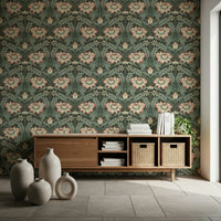 Traditional styled space showcasing the simple peel and stick Forest Green Wallpaper.