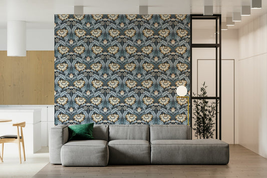 Intricate Arts and Crafts style pattern in cream, bronze, and midnight blue.