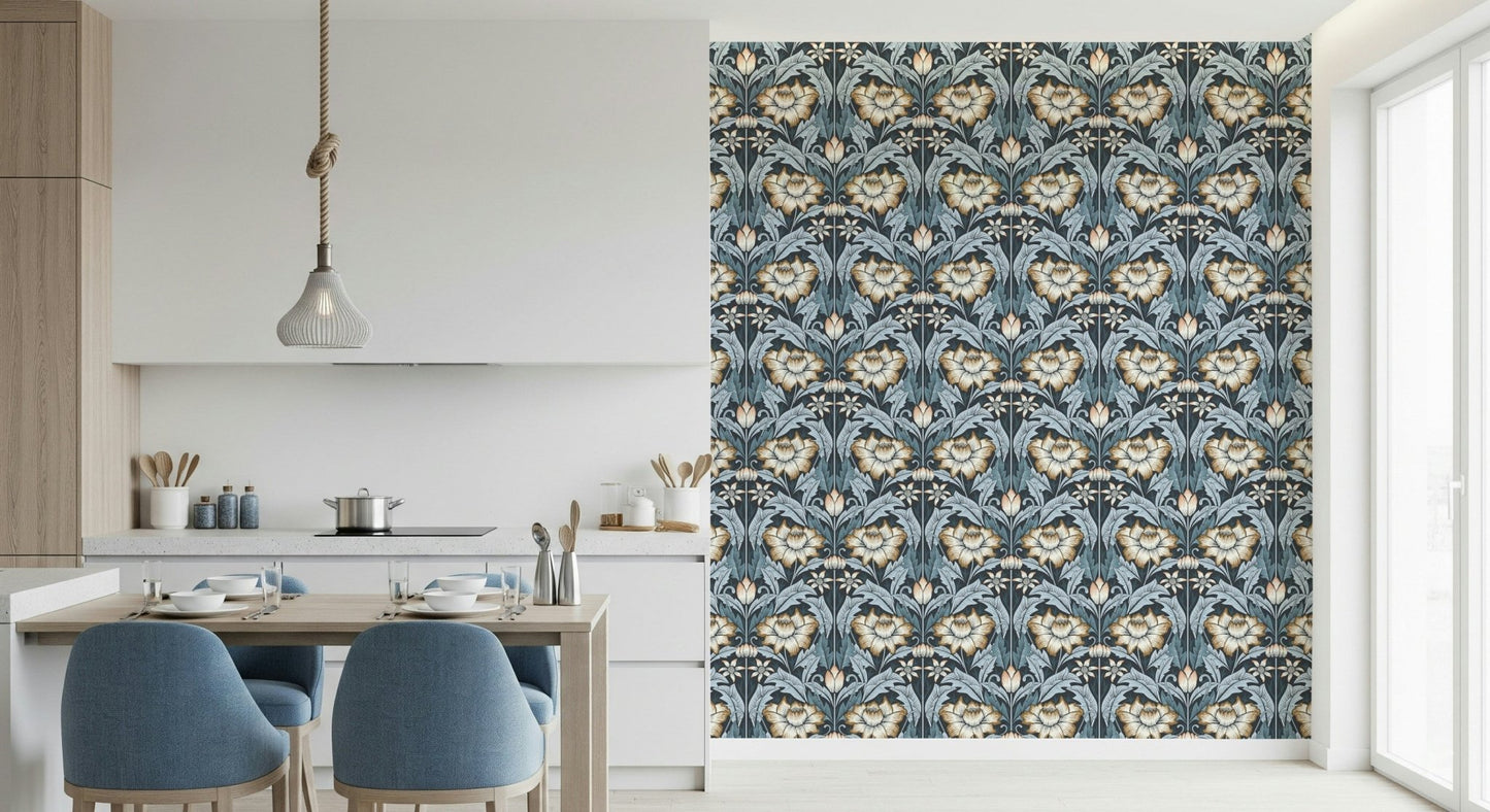 A sophisticated foyer adorned with the Midnight Blue Wallpaper.