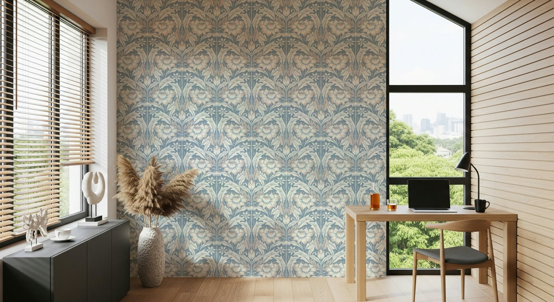 Mist Blue Wallpaper elegant floral pattern featured in a stylish bedroom.