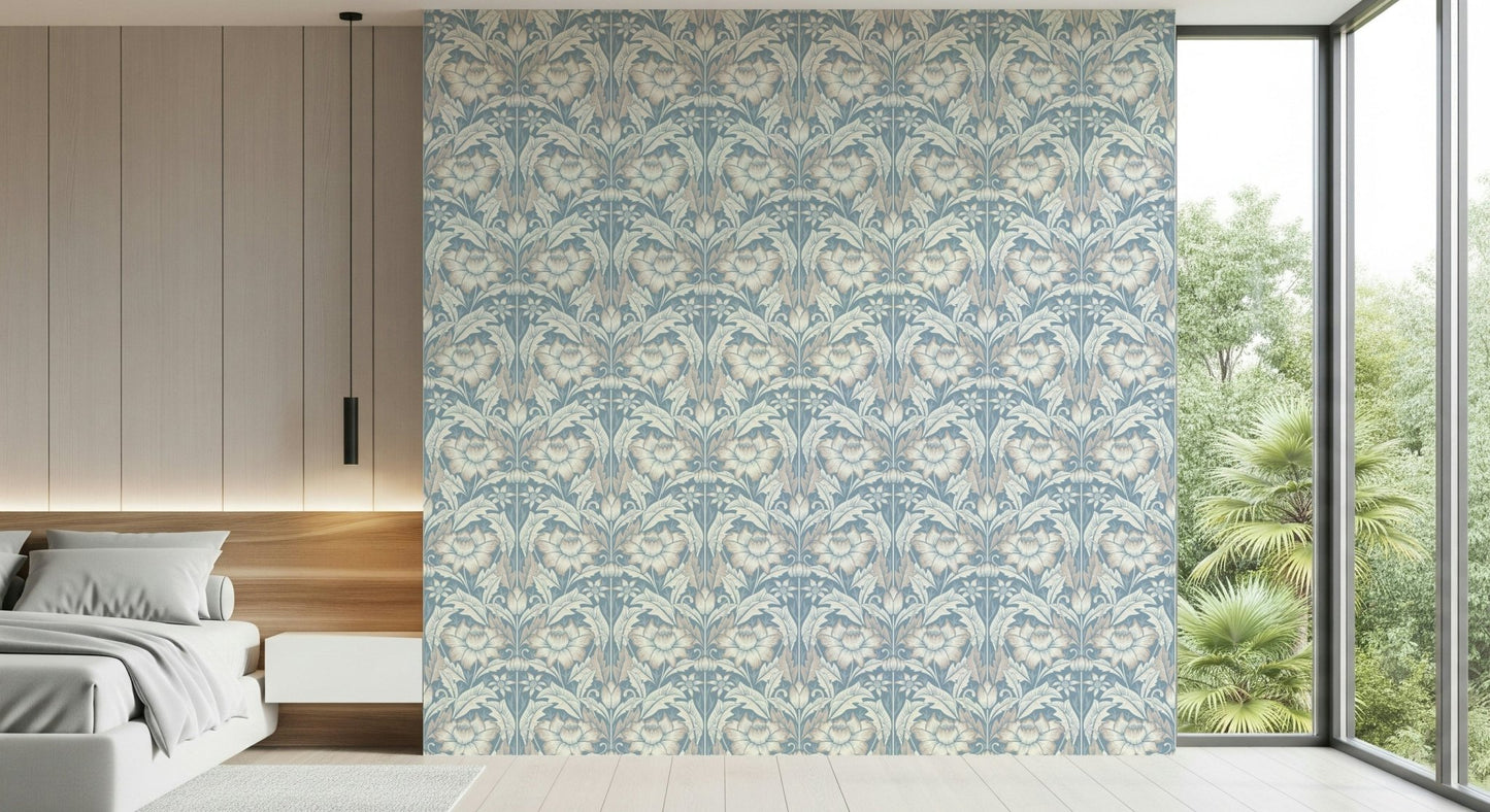 Traditional styled space showcasing the simple peel and stick Mist Blue Wallpaper.
