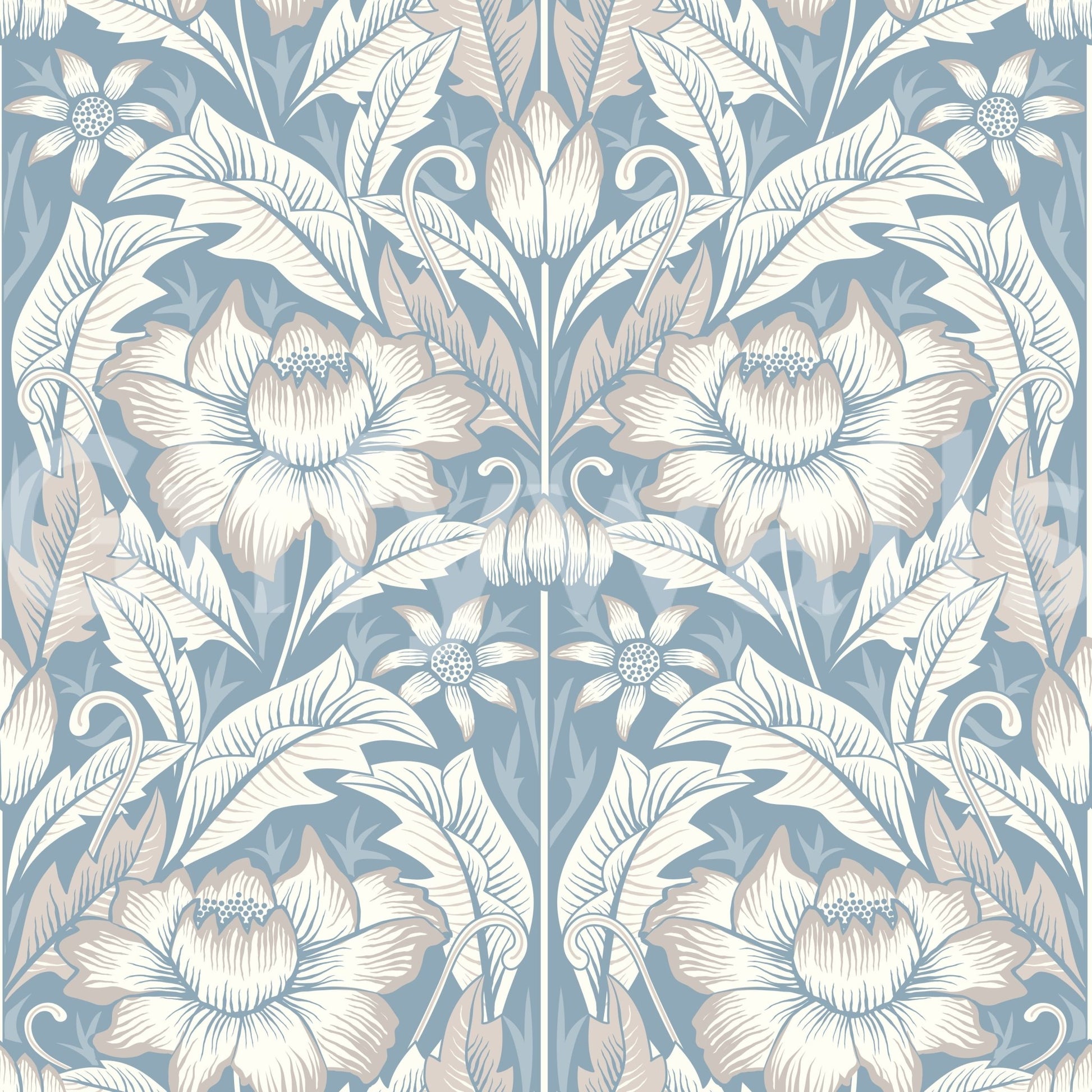 Corner of a hallway featuring the charming Mist Blue Wallpaper print art.