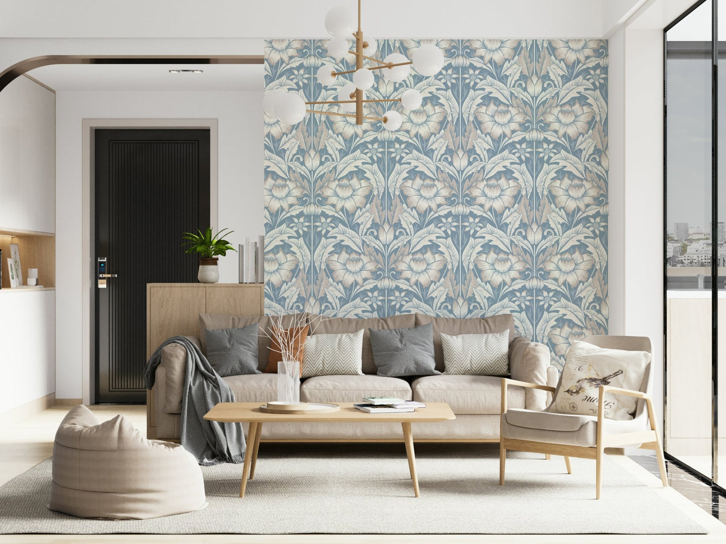 Living room accent wall highlighting the blue floral Mist Blue Wallpaper design.