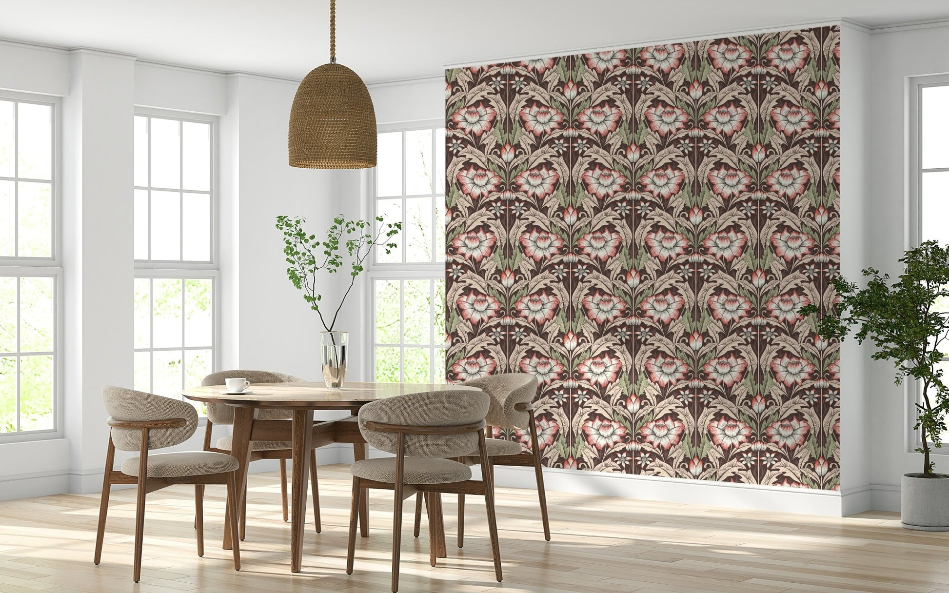 An artistic composition of scrolling leaves on the Rustic Red Wallpaper.