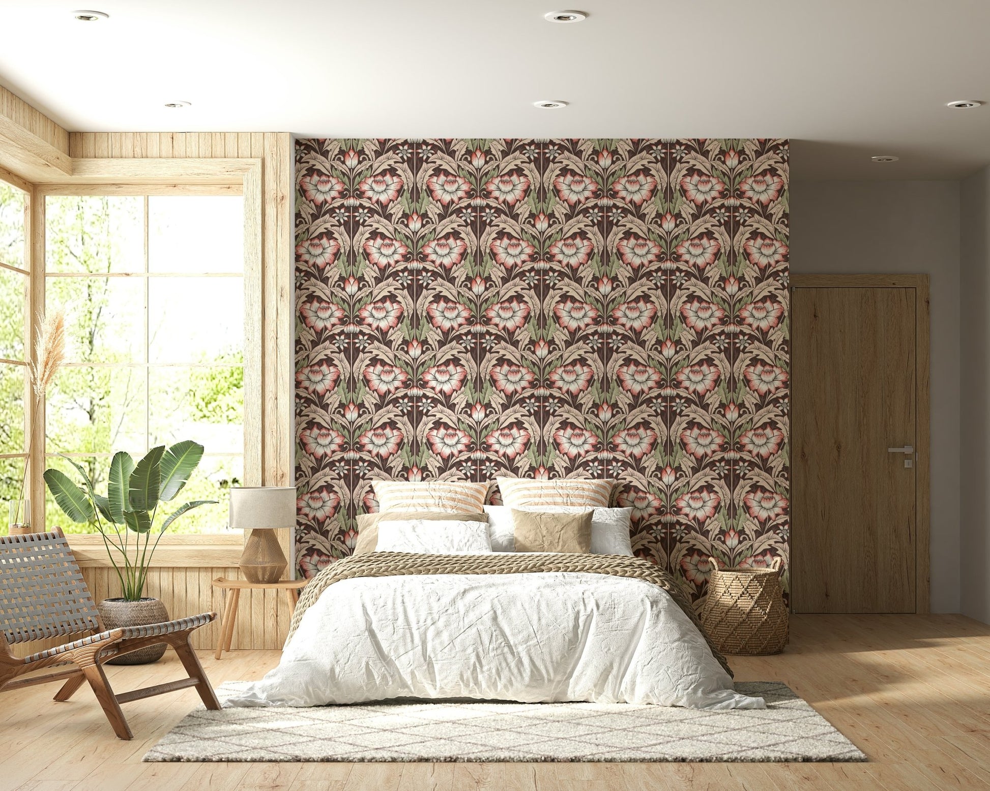 Design layout of the beautiful Rustic Red Wallpaper enhances a reading nook.