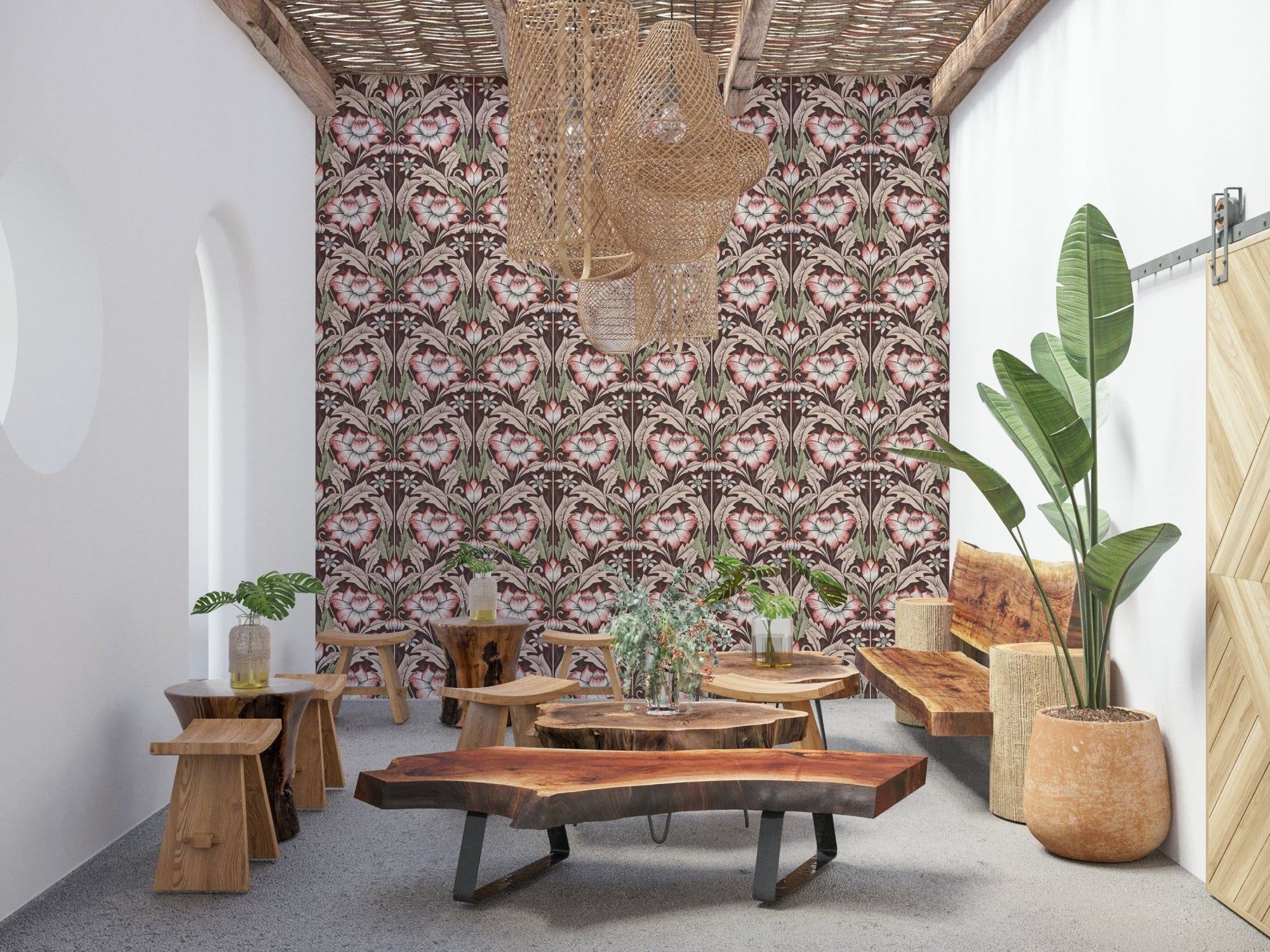 Rustic Red Wallpaper classic floral pattern featured in a sophisticated study., GD6398