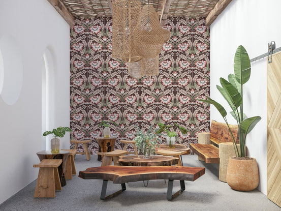 Rustic Red Wallpaper classic floral pattern featured in a sophisticated study., GD6398