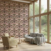 Intricate flower detail in the rich Rustic Red Wallpaper repeat pattern.